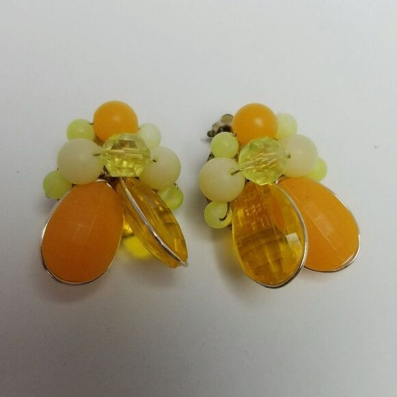 Vintage Orange Yellow Plastic Beaded Cluster Clip On Earrings, Western Germany - Picture 2 of 7